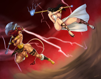 ankh armband armlet armor axe battle battle_axe bell big_breasts black_hair blue_eyes boots bottomwear bovid_horn bovine_horn bracelet breasts cleavage clothed clothing cloud collar commentary covered_nipples cow_horn curvy_figure duel duo ear_piercing electricity erect_nipples eyeshadow fantasy_axe fantasy_weapon female fight footwear fur_trim_(clothing) girdle glistening glistening_body glistening_skin glowing gold_(metal) greataxe hair hair_over_eye holding_object holding_staff holding_weapon horn huge_breasts humanoid_pointy_ears jewelry large_weapon lightning loincloth long_hair looking_at_another magic_staff magic_weapon makeup mature_female melee_weapon monster_girl_(genre) muscular muscular_female nipple_outline nipples one_eye_obstructed open_mouth pasties piercing pointy_ears red_hair sandals scar shoes side_boob skimpy spiked_axe staff tail tail_tuft tattoo thick_thighs thigh_strap tuft under_boob vambrace weapon yellow_eyes devil-v corruption_of_champions european_mythology greek_mythology legend_of_queen_opala mythology excellia_(coc) farah_(legend_of_queen_opala) animal_humanoid bovid bovid_humanoid bovine bovine_humanoid cattle_humanoid human humanoid mammal mammal_humanoid minotaur 2016 crossover full-length_portrait hi_res portrait