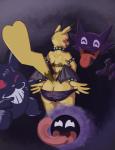 ambiguous_gender anthro breasts butt cleft_tail clothed clothing female female_focus group open_mouth panties simple_background smile tail tongue tongue_out topless underwear wings ajvulpes nintendo pokemon gastly generation_1_pokemon gengar ghost haunter mammal pikachu pokemon_(species) spirit 2018 digital_media_(artwork) hi_res