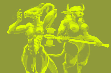 abs anthro big_breasts breasts duo female hair holding_object holding_weapon horn looking_at_hand medium_breasts muscular muscular_anthro muscular_female navel nipples non-mammal_breasts non-mammal_navel non-mammal_nipples overweight overweight_anthro overweight_female scales standing tail thick_thighs ventral_scales weapon wide_hips meandraco european_mythology greek_mythology mythology bovid bovine mammal minotaur scalie 2022 digital_media_(artwork) hi_res