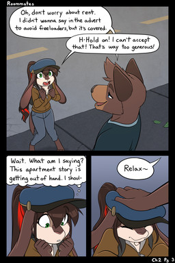 anthro backpack barefoot blue_eyes blue_sky brown_body brown_fur buckteeth city clothed clothing day dialogue duo feet female fur green_eyes hair handbag hat headgear headpat headwear highlights_(coloring) light long_ears male open_mouth outside pawpads red_highlights size_difference sky speech_bubble tail teeth text thought_bubble walking black-kitten ken_(black-kitten) maya_(black-kitten) canid canine canis domestic_dog hybrid lagomorph leporid mammal rabbit 2:3 colored comic english_text hi_res