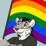 cheek_tuft chest_tuft clothing countershading cute_fangs facial_tuft fangs flag flag_(object) flag_pole fur green_eyes grey_body grey_fur hair holding_flag holding_object inner_ear_fluff lgbt_pride male markings open_mouth open_smile pride_color_flag pride_colors rainbow_flag rainbow_pride_colors rainbow_pride_flag rainbow_symbol six-stripe_rainbow_pride_colors smile solo spots spotted_body spotted_fur teeth topwear tuft palehorntea lgbt_pride_month umbrose felid mammal pantherine snow_leopard 1:1 animated short_playtime