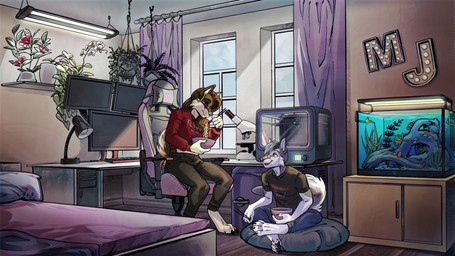 3d_printer 4_toes anthro aquarium barefoot bed bottomwear bowl ceiling ceiling_lamp chair cheek_tuft chopsticks claws closed_smile clothed clothed_anthro clothed_female clothed_male clothing computer computer_keyboard computer_monitor container curtains curtains_open day desk detailed_background digitigrade duo ear_piercing ear_ring eating eating_food electronics facial_tuft feet female female_anthro finger_claws fingers fish_tank floor food fully_clothed fully_clothed_anthro fully_clothed_female fully_clothed_male furniture hair holding_bowl holding_chopsticks holding_container holding_object hoop_ear_ring humanoid_hands inside keyboard laboratory_equipment lamp light long_hair looking_at_another male male_anthro microscope midriff mouth_closed noodles on_chair open_mouth open_smile pants pet_bed piercing pillow plant plant_pot potted_plant ring_piercing scientific_instrument shirt short_hair sitting sitting_on_chair smile smiling_at_another sunlight t-shirt table tail toe_claws toes topwear tuft vivarium wall_(structure) window trixythespiderfox joey_(marlin) marlin_(marlin) ambient_fish ambient_sealife aquatic canid canine canis fish mammal wolf absurd_res english_description hi_res