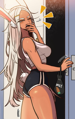 asian_clothing bottomwear breasts buruma clothed clothing covering covering_mouth east_asian_clothing emanata female hair japanese_clothing long_hair messy_hair open_mouth scut_tail shirt short_tail solo squean tail tan_body tan_skin tank_top tired topwear white_hair yawn powtaytow3333 my_hero_academia rumi_usagiyama animal_humanoid humanoid lagomorph lagomorph_humanoid leporid_humanoid mammal mammal_humanoid rabbit_humanoid 2024 absurd_res hi_res