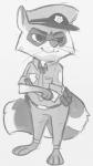 anthro badge clothed clothing fur hat headgear headwear male police police_uniform simple_background smile solo stripes uniform white_background chumpy disney zootopia fan_character officer_stoutwell_(zootopia) mammal procyonid raccoon digital_media_(artwork) greyscale hi_res monochrome