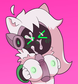 anthro big_breasts blush blush_lines bodily_fluids breast_play breast_squish breasts clothed clothing cum cum_on_face disembodied_penis duo exposed_breasts female fluffy fluffy_hair fur genital_fluids genitals hair huge_breasts humanoid_genitalia humanoid_penis machine male male/female neck_tuft partially_clothed penis screen screen_face sex squish surprised titfuck tuft white_body white_fur spartancandy protogen hi_res