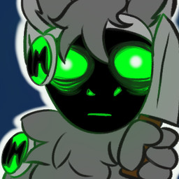 anthro body_hair c.a.m. cybernetics fingers fluffy fluffy_ears fluffy_hair fur glowing glowing_body glowing_eyes green_body green_eyes grey_body grey_fur grey_hair hair knife looking_at_viewer machine male metal metallic_body multicolored_body protogen_face protogen_visor protogenized robotic screen screen_face solo amislost yuri_chacal canid canine canis jackal mammal protogen 1:1 digital_drawing_(artwork) digital_media_(artwork) low_res