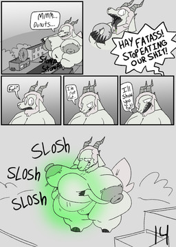 anthro areola belly belly_tuft big_areola big_belly big_breasts big_nipples blotchy_areola breasts building dessert dialogue doughnut eating fingers food fur hooved_fingers hooves horn huge_areola huge_belly huge_breasts huge_nipples macro male nipple_dip nipples nude_anthro nude_male obese obese_anthro obese_male offscreen_character overweight overweight_anthro overweight_male pastry rampage sharp_horn sloshing_belly solo speech_bubble text towering town tuft wool_(fur) wool_hair living_lupis shawn_(living_lupis) bovid caprine kaiju mammal monster sheep 2025 absurd_res black_and_white comic digital_media_(artwork) english_text hi_res monochrome