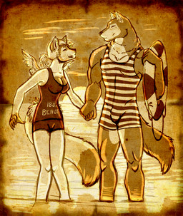 5_fingers anthro beach biceps biped bottomwear breasts cleavage clothed clothing detailed_background duo eyes_closed feathered_wings feathers female fingers fluffy fluffy_tail front_view hand_holding happy holding_object inflatable lifeguard long_tail male muscular muscular_male one-piece_swimsuit outside partially_submerged pattern_clothing sand sea seaside shirt shorts sky small_wings smile snout standing striped_clothing stripes sun sunset swimwear tail tank_top text text_on_clothing text_on_shirt text_on_tank_top text_on_topwear topwear vintage water wings feralise canid canine canis domestic_dog fox mammal 2010 digital_media_(artwork) english_text monochrome sepia