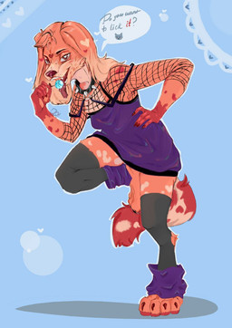 anthro candy candy_cane clothed clothing collar crossdressing dessert fluffy fluffy_tail food footwear heart_symbol legwear licking male offering_to_viewer solo spiked_collar spikes tail talking_to_viewer text thigh_highs tongue tongue_out osya sandy_(osya) lagomorph leporid mammal rabbit hi_res