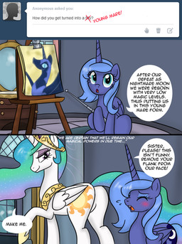 blue_eyes blue_hair blush butt cutie_mark dialogue duo eyes_closed feathered_wings feathers female feral hair horn long_hair multicolored_hair pink_eyes smile text wings unknown_artist friendship_is_magic hasbro my_little_pony mythology nightmare_moon_(mlp) princess_celestia_(mlp) princess_luna_(mlp) equid equine mammal mythological_creature mythological_equine winged_unicorn english_text source_request sibling_(lore) sister_(lore) sisters_(lore)