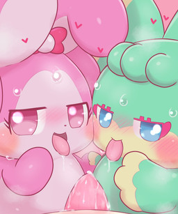 anthro biped blue_eyes blush blush_lines blush_stickers bodily_fluids chibi countershading feather_hands feathers featureless_hands female female_anthro genitals glistening glistening_genitalia glistening_penis green_body group half-closed_eyes hand_holding head_tuft heart_symbol hearts_around_head looking_at_viewer male male/female mostly_offscreen_character mostly_offscreen_male multicolored_body narrowed_eyes open_mouth penis pink_body pink_countershading pink_eyes saliva saliva_on_tongue sweat sweatdrop tan_body three-quarter_view tongue tongue_out trio tuft two_tone_body badwingm himitsu_no_cocotama hirake!_cocotama ameri_(cocotama) ribbon_(cocotama) cocotama mammal 2022 digital_drawing_(artwork) digital_media_(artwork) hi_res shaded soft_shading