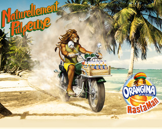 advertisement anthro beach beverage_bottle black_coded bottle bottomwear brown_body brown_fur brown_hair clothing container crate dreadlocks dust_cloud electronics footwear fur hair happy hat headgear headwear male motorcycle outside palm_tree plant radio riding_motorcycle sand sandals sea seaside shirt shoes shorts sky solo tail tank_top text topwear tree vehicle water unknown_artist orangina suntory_holdings_limited felid lion mammal pantherine 5:4 french_text promotional_material translated