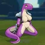 anthro armor breasts clothing countershading featureless_breasts female gauntlets genitals glistening glistening_body gloves handwear kneeling mostly_nude nude outside purple_body pussy shoulder_guards simple_eyes smile solo silvrsterlng risk_of_rain lemurian reptile scalie 1:1 hi_res