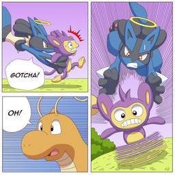 ambiguous_gender angry anthro blue_body blue_fur dialogue feral fur tail text ragster_(artist) mythology nintendo pokemon aipom canid canine dragon dragonite generation_1_pokemon generation_2_pokemon generation_4_pokemon lucario mammal mythological_creature mythological_scalie pokemon_(species) primate scalie 1:1 comic digital_media_(artwork) english_text hi_res