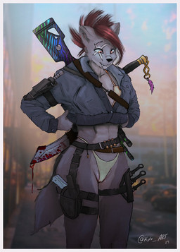blood bodily_fluids clothing female gun knife melee_weapon poster ranged_weapon shotgun sword thong underwear weapon kiloart canid canine mammal undead zombie comic hi_res story