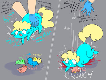 abuse accident ambiguous_feral ambiguous_gender ambiguous_human animal_abuse animal_genitalia anus baby_talk balls blonde_hair blood blue_body blue_clothing blue_fur blue_gloves blue_handwear blue_hooves bodily_fluids clothing crush death dialogue dying female female_feral feral fur genital_fluids genitals gloves gore green_body green_fur grey_background group hair handwear hooves killing light_body light_skin male male_feral milk mostly_offscreen_character neonate nipples pink_nipples profanity red_body red_fur sheath simple_background tail teats text urine x_anus yellow_body yellow_fur yellow_tail young young_ambiguous young_feral young_male bittersouffle fluffy_pony fluffy_pony_(species) human mammal 2026 digital_media_(artwork) english_text hi_res