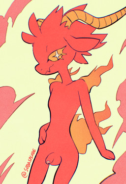 anthro baaddie_(sodasplode) burning eyelashes flaccid foreskin fur genitals hair_up hooves horn humanoid_genitalia humanoid_penis long_ears long_horn male orange_eyes penis red_body red_fur small_penis snaggle_teeth solo standing star_eyes super_form sodasplode bovid caprine demon goat mammal hi_res