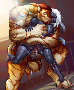 ambiguous_fluids another anthro anthro_on_anthro anthro_penetrated anthro_penetrating anthro_penetrating_anthro balls big_balls big_breasts bodily bodily_fluids breasts butt carrying_another cum cum_in_vagina cum_inside duo ejaculation female fur genital_fluids genitals hair hand_on_breast larger male male/female muscular muscular_anthro muscular_arms nude nude_anthro nude_female nude_male partner penetration penile penile_penetration penis penis_in_vagina playing sex smaller smile standing standing_sex vaginal vaginal_fluids vaginal_penetration vulva morshok domestic_cat felid feline felis humanoid leopard mammal pantherine tiger absurd_res hi_res
