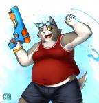 anthro belly clothed clothing eyewear eyewear_on_head fur goggles goggles_on_head grey_body grey_fur holding_object male moobs navel one_eye_closed open_mouth open_smile overweight overweight_anthro overweight_male smile solo toy toy_gun water water_gun white_body white_fur shinoda_hamazaki canid mammal absurd_res hi_res