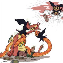alcohol anthro beverage bone drunk duo female feral heaven skull smoking substance_intoxication wine unknown_artist mythology prostokvashino tama-tama dragon hybrid mythological_creature mythological_scalie scalie 1:1