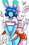 anthro blue_body blue_hair duo female femboy hair male male/female simple_background speech_bubble text time_lapse white_background white_body darkdemon74x videos_or_whatever femboy_hooters hooters fan_character lagomorph leporid mammal absurd_res digital_drawing_(artwork) digital_media_(artwork) hi_res