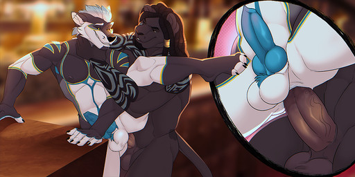animal_genitalia animal_penis anthro anthro_on_anthro anthro_penetrated anthro_penetrating anthro_penetrating_anthro balls black_hair black_nose blue_hair blue_markings blue_penis brown_balls brown_body brown_penis canine_genitalia canine_penis cutaway dreadlocks duo ear_piercing erection eye_contact genitals hair industrial_piercing inside looking_at_another male male/male male_penetrated male_penetrating male_penetrating_male markings multicolored_hair neck_grab nude penetration penis piercing sex smile standing standing_sex two_tone_hair white_balls white_body white_hair yellow_eyes yellow_markings ninetht