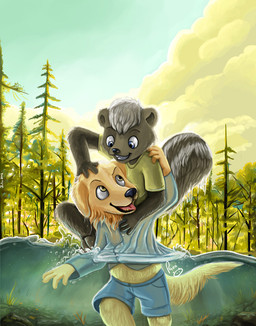 anthro black_nose blue_bottomwear blue_clothing blue_eyes blue_shorts blue_topwear bottomwear clothed clothing cloud day fur glistening glistening_eyes green_clothing green_shirt green_t-shirt green_topwear grey_body grey_fur grey_tail grin hair male male_anthro open_mouth open_smile outside partially_submerged plant playful shirt short_hair shorts smile t-shirt tail topwear tree underwater water waterline_view wet wet_clothing white_hair white_tail yellow_body yellow_eyes yellow_fur young young_anthro young_male pandapaco canid canine canis domestic_dog mammal mephitid skunk