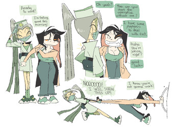 4_fingers anthro black_hair bottomwear breasts cleavage clothed clothing clothing_pull duo eyes_closed face_mask female female/female fingers floppy_ears footwear gesture gloves hair handpaw handwear hat headgear headwear long_hair nurse_clothing nurse_hat nurse_headwear pants paws ponytail salute shirt shoes simple_background smile speech_bubble standing tan_body tan_skin teeth text topwear white_background kittykola leia_(kittykola_) canid canine canis domestic_dog human mammal 2024 digital_media_(artwork) english_text hi_res