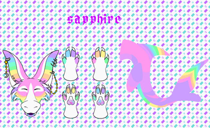 ambiguous_gender anthro ear_piercing fangs multicolored_body piercing solo teeth unknown_artist sapphire_the_manokit manokit absurd_res hi_res model_sheet tagme