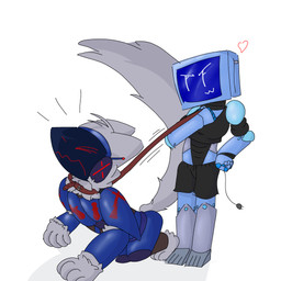 ambiguous_gender anthro appliance armor armor_plates big_tail bottomwear clothing crop_top dominant dominant_female duo female kitchen_appliance leash leash_pull machine male male/female metallic_body shirt shorts tail topwear wire just172ordinary a.r._probert tosuko_(just172ordinary) humanoid protogen robot robot_humanoid 1:1 absurd_res hi_res