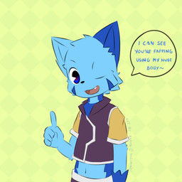 anthro blinking blue_body blue_eyes blue_fur clothed clothing dialogue fur gesture green_background hand_gesture looking_at_viewer male navel open_mouth pointing pointing_up simple_background single_tooth solo speech_bubble text tongue young young_anthro young_male hazumazu haziq_(hazumazu) domestic_cat felid feline felis mammal 1:1 2018 english_text