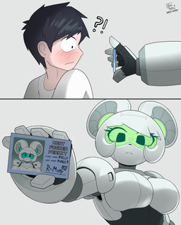2_panel_comic :3 :< anthro big_breasts black_body black_eyes black_hair breasts clothed clothing duo eyelashes female female_anthro fingers green_eyes grey_background hair holding_card holding_object machine male male_human multicolored_body presenting_object shirt short_hair simple_background text topwear white_body white_hair arzy_parzy monster_fucker_permit r-mony_(arzy_parzy) human mammal mouse murid murine robot rodent 2026 absurd_res comic digital_media_(artwork) english_text hi_res meme