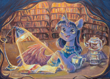 book bookmark canvas_texture clothing container cup feathers female feral fetlocks horn lamp library mug solo steam sweater teapot topwear wings owl_clare friendship_is_magic hasbro my_little_pony mythology twilight_sparkle_(mlp) equid equine mammal mythological_creature mythological_equine winged_unicorn hi_res painting_(artwork)