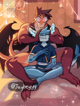 anthro between_legs black_wings blue_body bottomwear brown_hair clothed clothing duo eyes_closed hair hand_on_head male orange_body pantsless shirt shorts sitting sitting_on_ground sparkles squish tail tank_top topwear wings jaybeyyy mythology aldrake_(jaybeyyy) blou_(jaybeyyy) aquatic aquatic_dragon dragon mythological_creature mythological_scalie scalie 3:4 digital_media_(artwork) hi_res