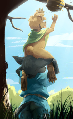 4_toes anthro beehive black_body black_fur bottomless brown_body brown_fur butt clothed clothing duo feet fur male male/male paws purple_eyes shirt shirt_only toes topwear topwear_only young young_anthro young_male dakkawoof dakka peppercorn_(character) arthropod bear bee canid canine canis hymenopteran insect mammal wolf 2026 hi_res