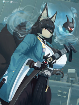9_tails alternate_species ambiguous_gender anthro anthrofied black_body black_fur black_hair clothed clothing curvy_figure duo female fur furrification hair looking_at_viewer low-angle_view magic melee_weapon multi_tail red_eyes scabbard sword tail weapon wide_hips sly_shadex mihoyo zenless_zone_zero hoshimi_miyabi tailless_(zenless_zone_zero) canid canine demon fox mammal thiren true_fox hi_res
