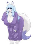 anthro asian_clothing big_breasts breasts cleavage clothed clothing east_asian_clothing female fur huge_breasts japanese_clothing kemono kimono simple_background solo white_background white_body white_fur inake lily_mari canid canine fox mammal 3:4 absurd_res hi_res