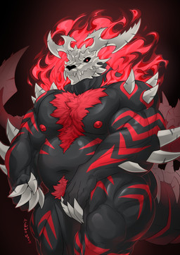 5_fingers body_hair bone chest_hair claws fingers humanoid_hands navel nipples nude_anthro nude_male red_nipples skull skull_head solo yingyadark mythology guzzlord_(character) dragon mythological_creature mythological_scalie scalie 2025 absurd_res hi_res signature