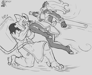 anthro barbarian clothing duo ears_back female female/female fight fighting_pose hair leggings legwear lock long_hair male male/male mane motion_lines muscular muscular_female muscular_on_muscular padlock pivoted_ears pose rat_tail tail taixra tain_(taixra) zeri_(taixra) american_opossum deer humanoid mammal marsupial water_deer monochrome