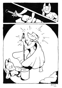 anthro cloak clothing female looking_pleasured magic male melee_weapon sculpture solo statue sword weapon phano canid canine fox mammal comic hi_res monochrome