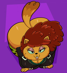 anthro big_butt black_nose breasts buckteeth butt cleavage clothed clothed_anthro clothed_female clothing eyelashes female fur green_sclera hair looking_at_viewer markings mole_(marking) narrowed_eyes orange_body orange_fur red_hair solo tail teeth whisker_spots someth1ngoranother nickelodeon pig_goat_banana_cricket nasty_cat domestic_cat felid feline felis mammal 2025 hi_res
