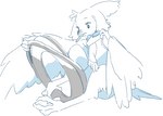 anthro beak blush claws feathers feet female kemono scarf simple_background solo talons tire toes wheel white_background wings ashcozy sierra_(ashcozy) avian bird 2021 sketch