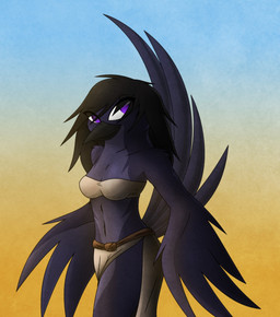 anthro beach beak bikini biped black_hair breasts clothing feathered_wings feathers female hair light long_hair navel non-mammal_breasts outside purple_body purple_eyes purple_feathers sand seaside solo standing sun sunlight swimwear towel two-piece_swimsuit winged_arms wings katnay avian bird digital_media_(artwork) hi_res
