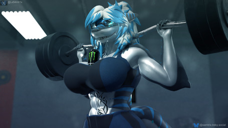 abs anthro athletic athletic_female athletic_wear barbell beverage beverage_can big_breasts blue_eyes breasts clothed clothed_anthro clothed_female clothing energy_drink exercise eyewear female female_anthro fully_clothed fully_clothed_anthro fully_clothed_female glasses glowing glowing_eyes hair looking_at_viewer monster_energy_can smile smiling_at_viewer solo teeth wearing_glasses weightlifting weights white_body white_hair workout samtrix warfaremachine_(modeler) monster_energy nika_sharkeh aquatic fish requiem_shark shark tiger_shark 16:9 3d_(artwork) 4k absurd_res digital_media_(artwork) hi_res widescreen