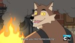 brown_body brown_fur clothing cooking fangs fire fur kitchen looking_back male solo teeth topwear vest yellow_eyes ixkouu cartoon_network canid canine canis mammal wolf