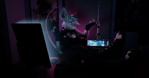 anthro breasts cleavage clothed clothing computer cuff_(restraint) electronics eyelashes eyeshadow female freckles fur furniture hair handcuffs inside legs_on_furniture legs_on_table long_eyelashes looking_at_viewer makeup metal_cuffs police police_uniform purple_eyeshadow rat_tail restraints solo speckle_freckles table tail uniform white_body white_fur white_hair vllrukkin warfaremachine_(modeler) officer_flint_(foresttherotten) warfare_flint mammal murid murine rat rodent 256:135 3d_(artwork) blender_(artwork) digital_media_(artwork) english_description hi_res