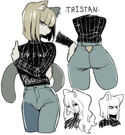 anthro bangs blunt_bangs bottomwear brown_hair butt clothed clothing curvy_figure hair hand_on_hip high_waisted_bottomwear inner_ear_fluff long_hair male medium_length_hair pants solo sweater tail text topwear tuft turtleneck cibastion tristan_(cibastion) canid canine canis domestic_dog mammal character_name english_text hi_res