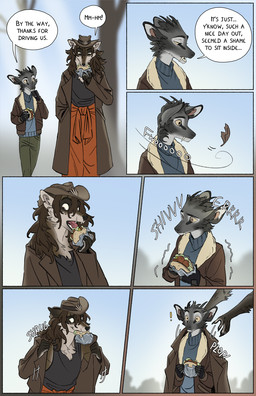 anthro biped black_nose brown_body brown_eyes brown_fur cheek_tuft clothed clothed_anthro clothing clothing_gain clothing_loss dialogue duo eating facial_tuft falling_leaves food fur grey_body grey_fur hat head_tuft headgear headwear holding_food holding_object leaf male pointy_ears prick_ears shaking shivering snout speech_bubble tan_body tan_fur text tremble_lines tuft tusks wind wind_lines yellow_sclera falco_works indy_(justroadkill) pen_(falco_works) canid canine canis cervine coyote deer mammal tufted_deer 2024 comic digital_media_(artwork) english_text hi_res