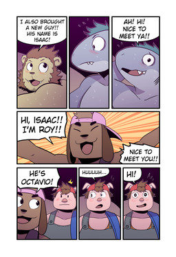 anthro backpack_strap backwards_baseball_cap backwards_hat baseball_cap bodily_fluids brown_body brown_fur brown_hair clothing cute_fangs dialogue embarrassed excited eyes_closed fangs floppy_ears fur gills green_hair greeting grey_body group hair hand_behind_head hat headgear headwear long_ears male mohawk open_mouth overalls round_ears seven_frame_image sharp_teeth speech_bubble spread_arms sweat teeth teeth_showing text wide_eyed yellow_body t0l0k isaac_(t0l0k) octavio_(t0l0k) roy_(t0l0k) scott_(t0l0k) aquatic canid canine canis domestic_dog domestic_pig felid fish lion mammal pantherine shark suid suine sus_(pig) comic english_text hi_res multiple_scenes