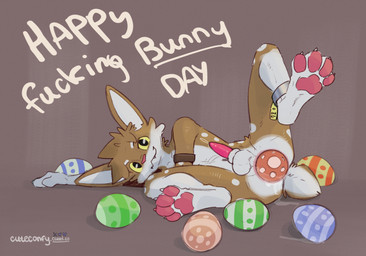 4_toes anal anal_masturbation anal_penetration animal_genitalia anklet anthro balls bodily_fluids easter_egg egg egg_insertion erection feet fur genital_fluids genitals holidays jewelry looking_at_viewer lying male male_anthro masturbation nude object_insertion oviposition pawpads paws penetration penis raised_leg red_genitals sheath simple_background solo text toes white_body white_genitals yellow_eyes conditional_dnp cuteconfy easter lagomorph leporid mammal rabbit hi_res